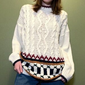 White Vintage Cable Knit Sweater with Multicolored Design